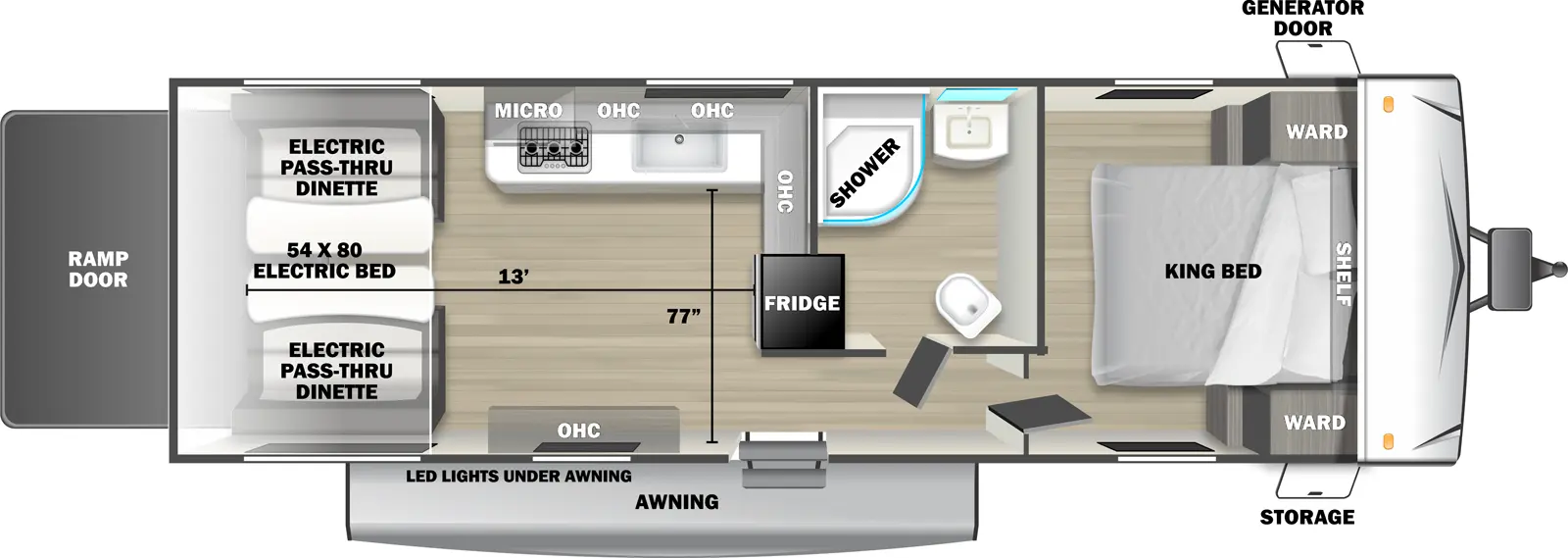 The 2550SLX travel trailer has no slide outs, 1 entry door and 1 rear ramp door. Exterior features include an awning with LED lights, front door side storage and front off-door side generator door. Interior layout from front to back includes: front bedroom with foot-facing King bed, shelf over the bed, and front corner wardrobes; off-door side bathroom with shower, linen storage, toilet and single sink vanity; off-door side kitchen with L-shaped countertop, overhead microwave, overhead cabinets, sink and refrigerator; door side overhead cabinet; rear 54 x 80 electric bed over electric pass-through dinette. Cargo length from rear of unit to refrigerator is 13 ft. Cargo width from kitchen countertop to door side wall is 77 inches.